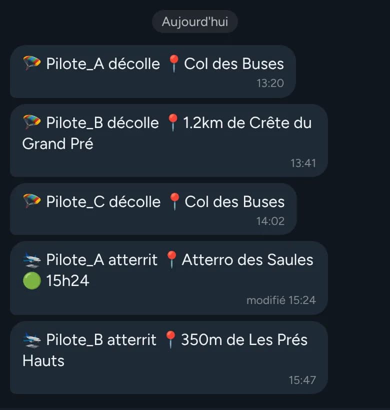 Messages du bot : des pilotes décollent de Col des Buses, puis atterrissent à l'Atterro des Saules (pilotes fictifs)