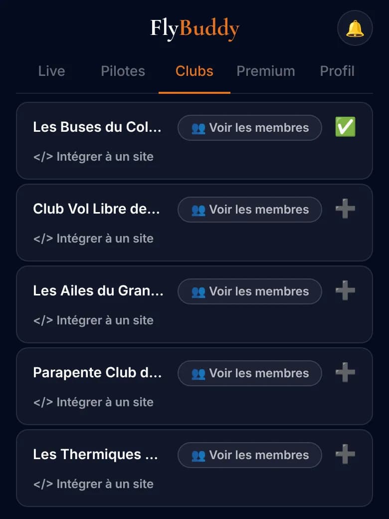 Onglet Clubs : liste de clubs avec « Voir les membres » et « Rejoindre » (clubs fictifs)