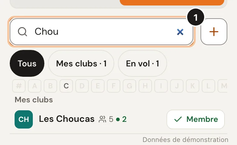 Capture de l'étape 1 : Trouve ton club (Données de démonstration)
