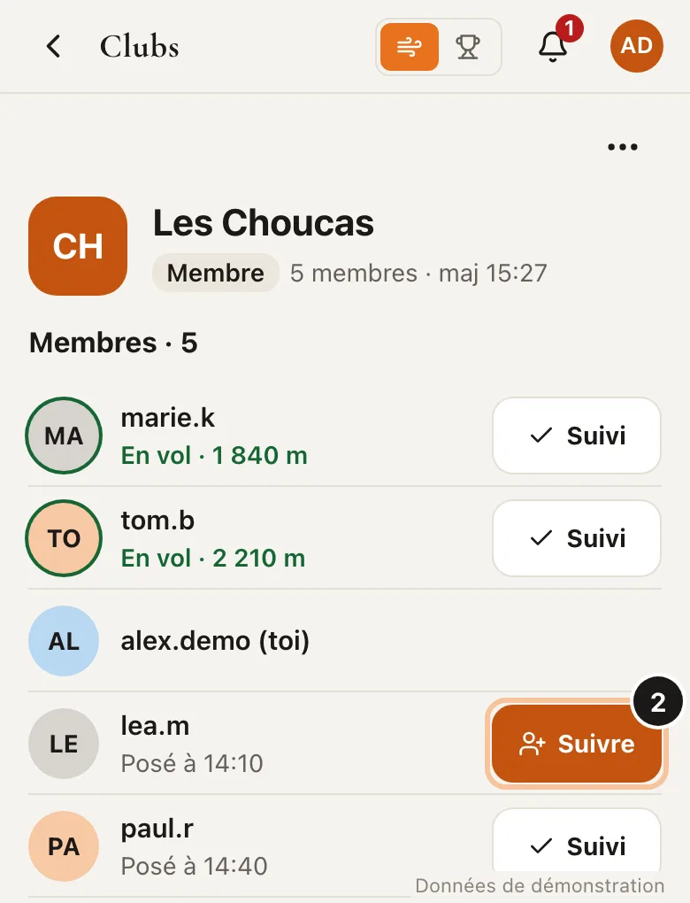 Capture de l'étape 2 : Suis ses membres (Données de démonstration)