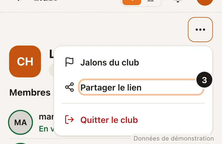 Capture de l'étape 3 : Partage la page Live (Données de démonstration)