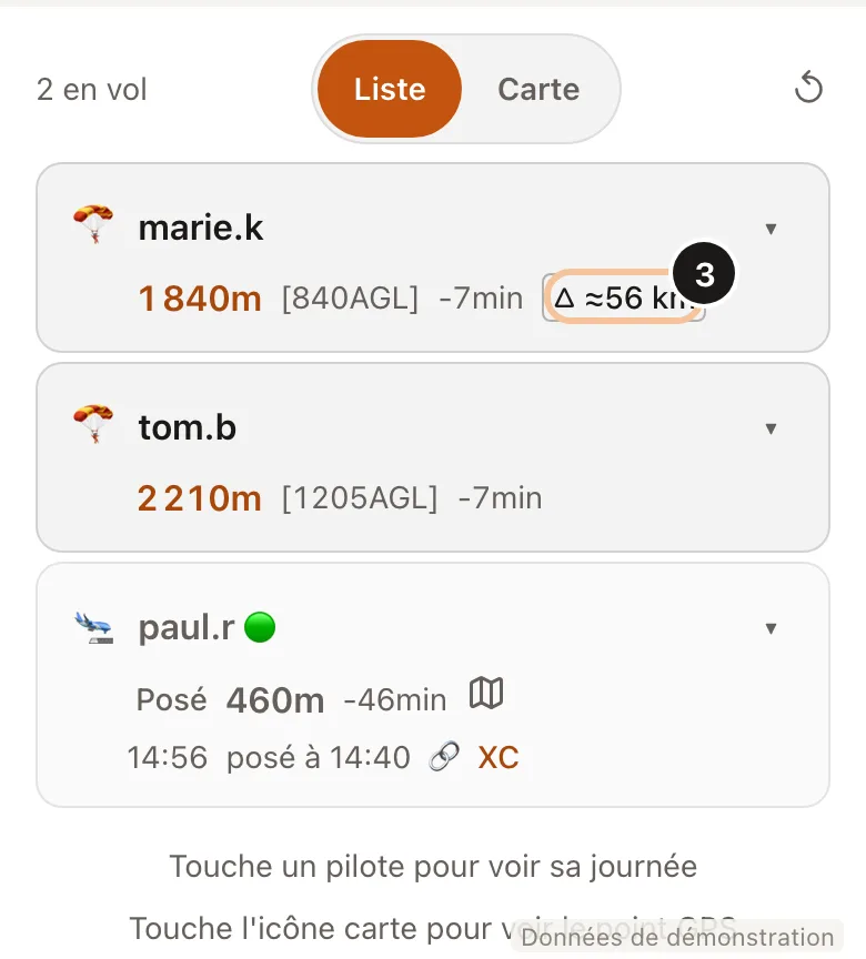 Capture de l'étape 3 : Regarde le Live (Données de démonstration)