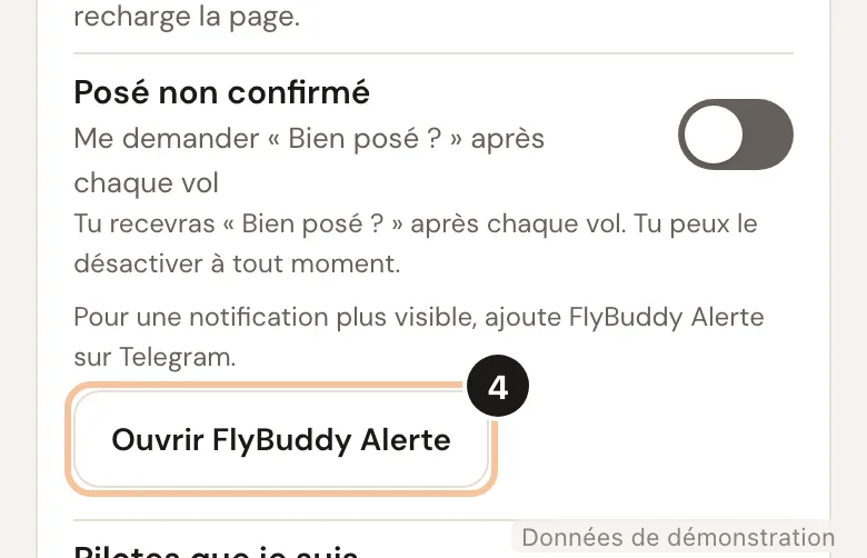 Capture de l'étape 4 : Active le bot d'alertes (Données de démonstration)
