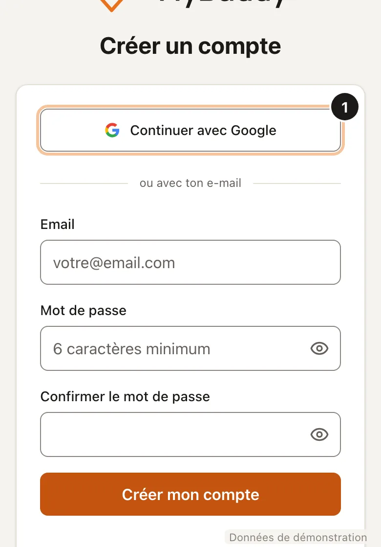 Capture de l'étape 1 : Crée ton compte (Données de démonstration)