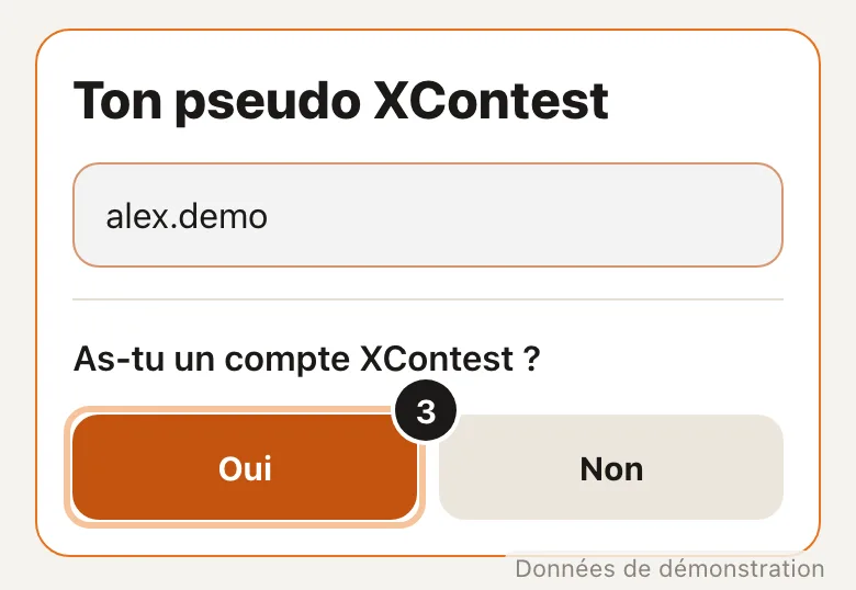 Capture de l'étape 3 : Écris ton pseudo XContest (Données de démonstration)