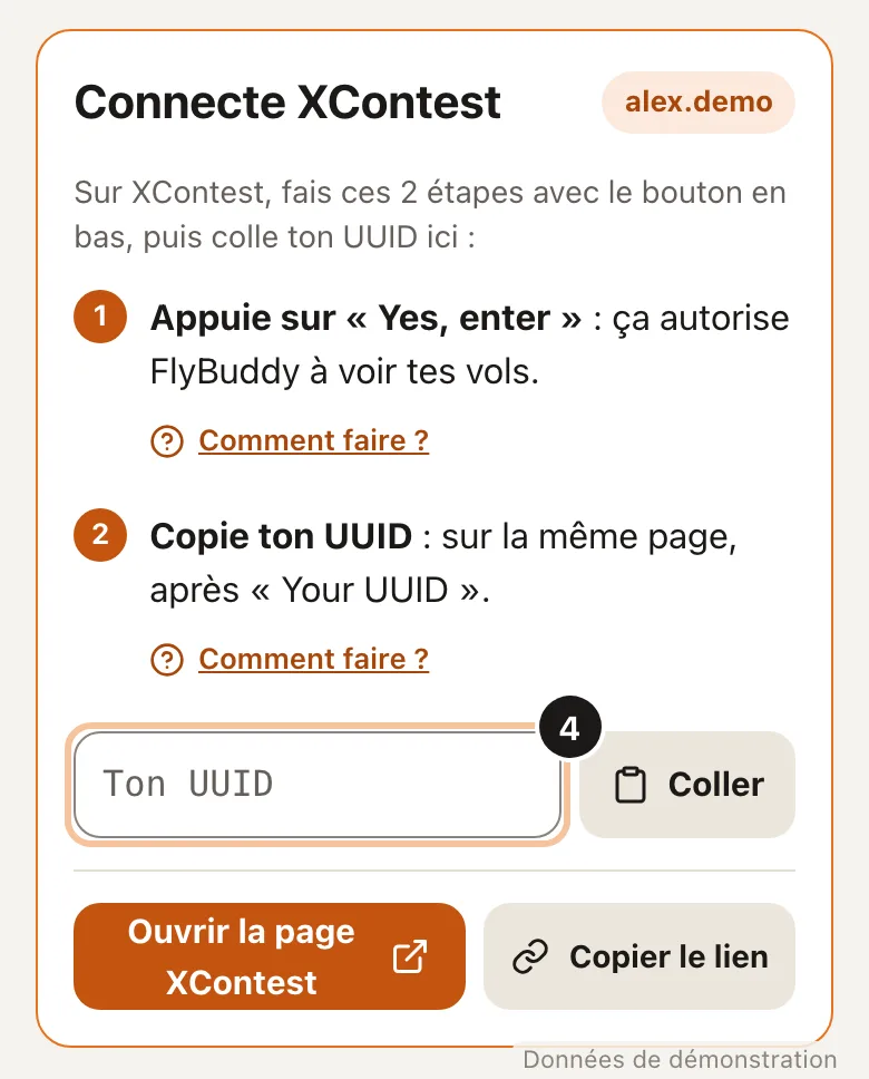 Capture de l'étape 4 : Relie XContest (Données de démonstration)